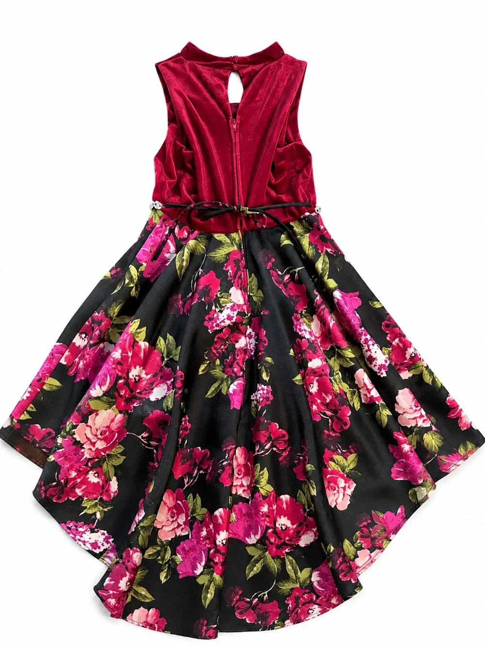 Speechless Girls Burgundy Velvet & Floral‎ High Low Dress, Size 7, NEW